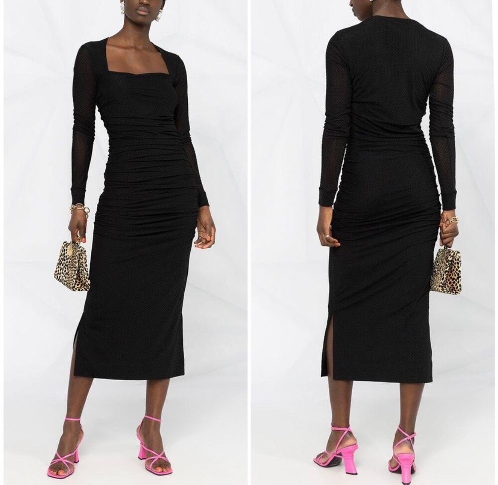 GANNI Square Neck Ruched Long Sleeve Midi Dress Stretch Jersey Bodycon - Size 38